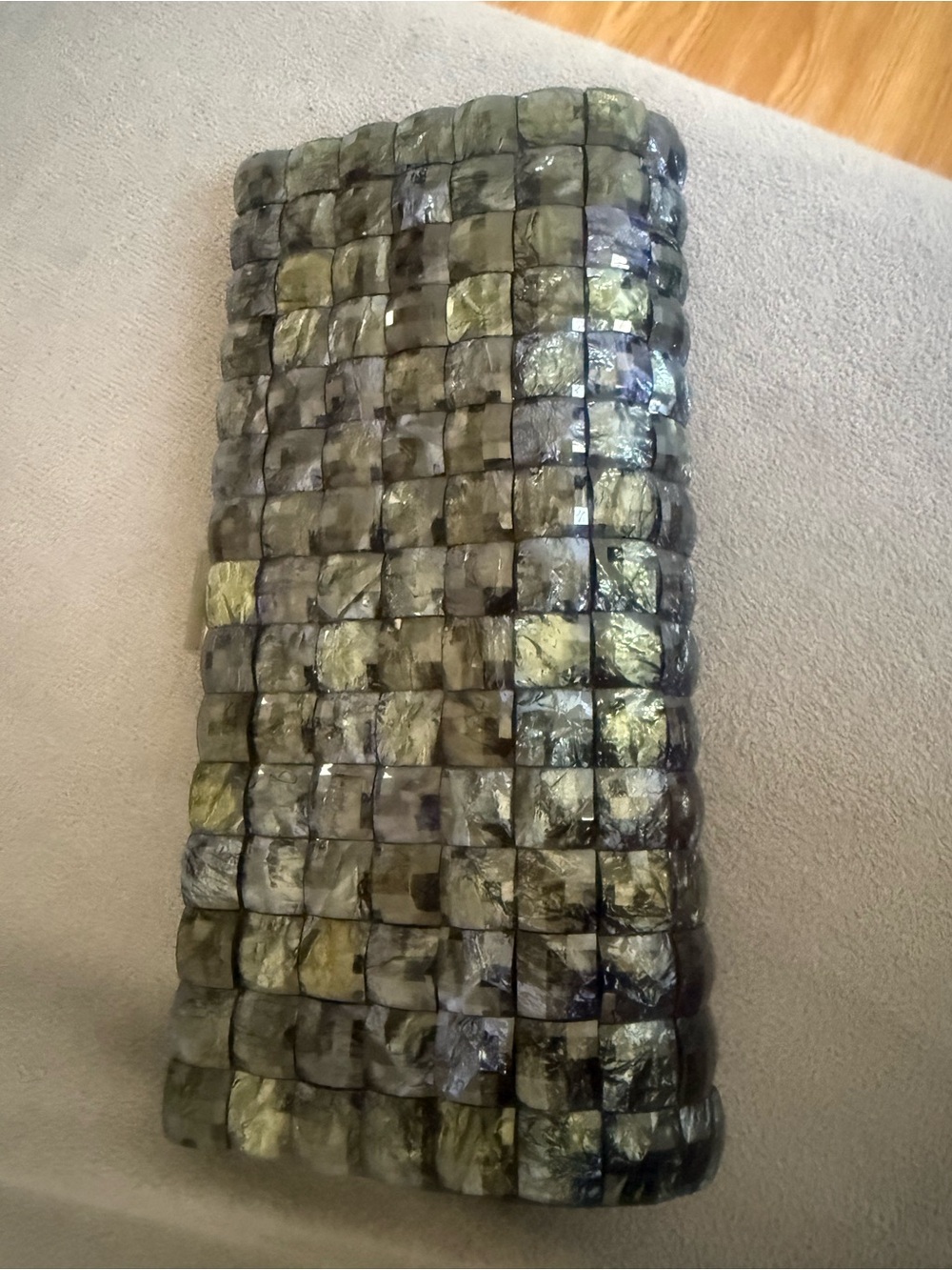 Woven Shell Tile Clutch in Iridescent Olive and Gray